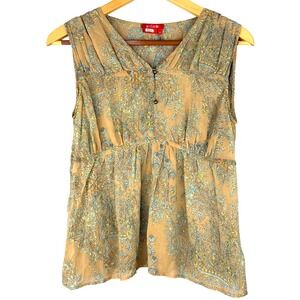 Dorothee Bis Silk Tank Top M‎ Paisley Sleeveless Boho Blouse Tan Blue Sheer